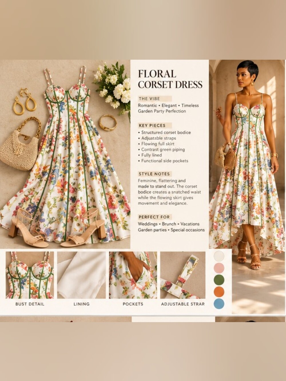 Commense Floral Corset Midi Dress in White with Green Piping